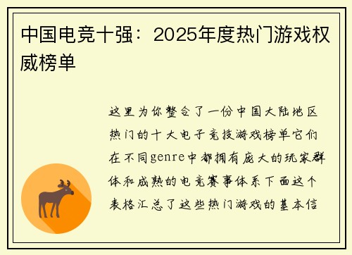 中国电竞十强：2025年度热门游戏权威榜单